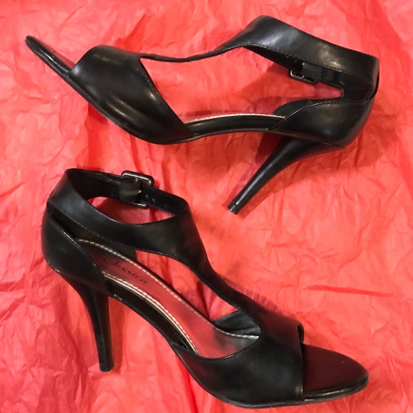 Y2K Jessica T-Strap Heels Pump Women's Size 6 Black Open Toe Ankle Strap - Picture 5 of 8
